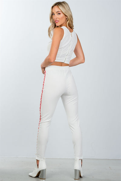 Ladies fashion  faux pearl accent crop top with pants set