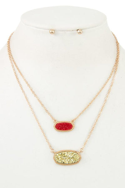 Double row cracked stone pendant necklace set