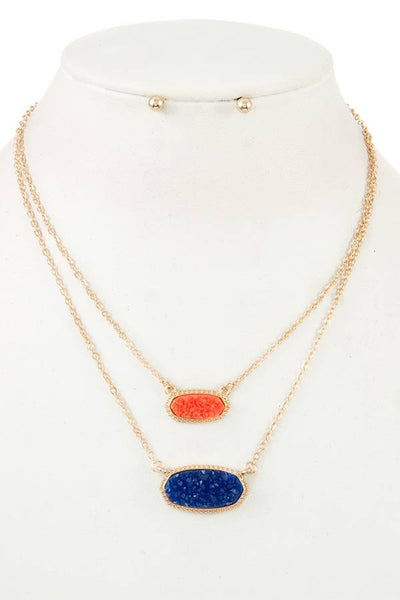 Double row cracked stone pendant necklace set