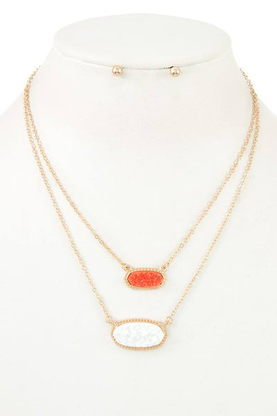 Double row cracked stone pendant necklace set