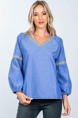 Boho drop shoulder embroidery blouse