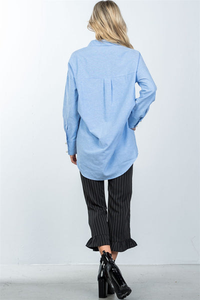 Denim blue faux pearl hi-low hem shirt