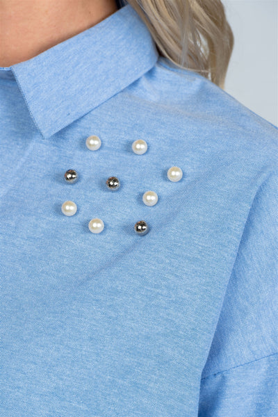 Denim blue faux pearl hi-low hem shirt