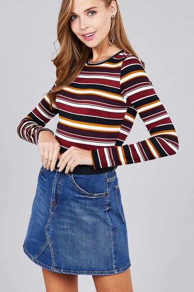 Ladies fashion plus size long sleeve crew neck multi striped dty brushed top