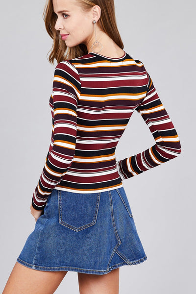 Ladies fashion plus size long sleeve crew neck multi striped dty brushed top