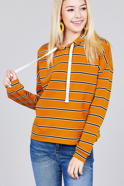 Ladies fashion plus size long sleeve hoodie w/drawstring stripe french terry top