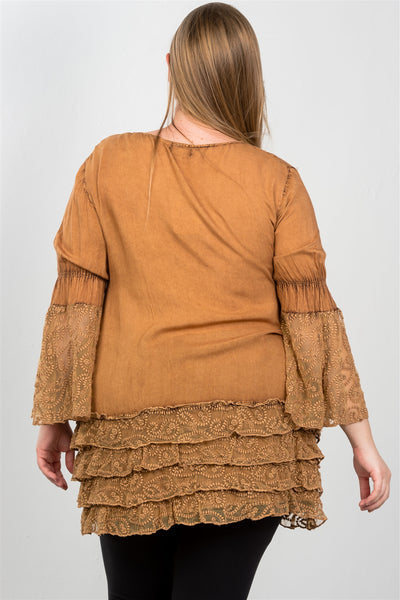 Ladies fashion plus size lace hem v neck tunic top