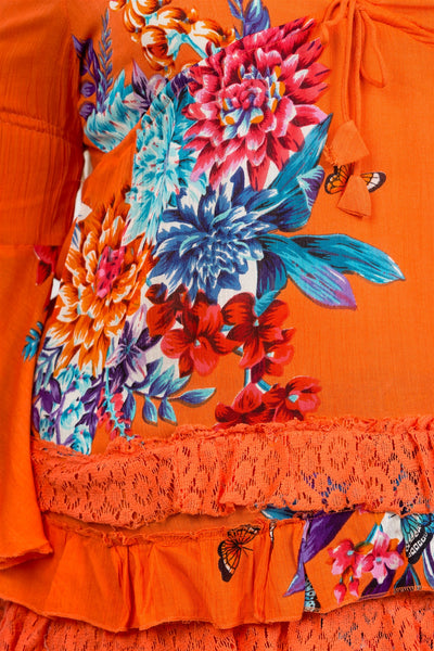 Ladies fashion plus size boho floral mix print lace ruffle hem top