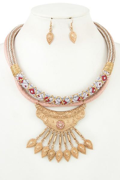 Multi cord fringe ornate bib necklace set