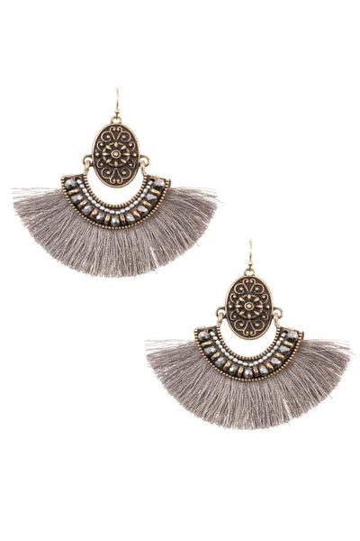 Boho etched tassel fan earring