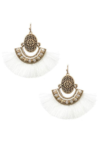 Boho etched tassel fan earring