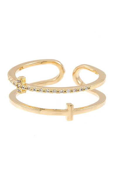 Cz stone cross accent cuff ring