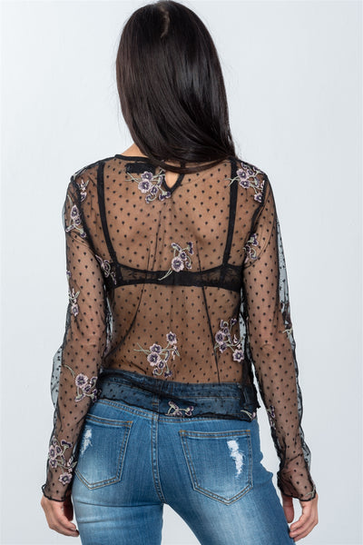 Ladies fashion floral embroidered sheer polka dot boho top