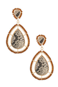 Bead framed teardrop reptile pattern earring