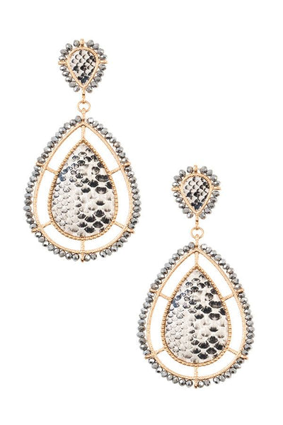Bead framed teardrop reptile pattern earring