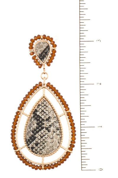 Bead framed teardrop reptile pattern earring
