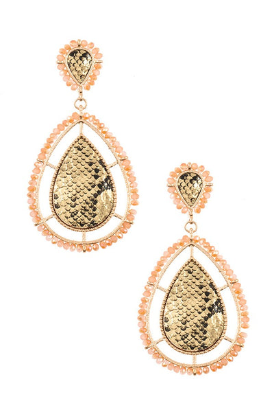Bead framed teardrop reptile pattern earring