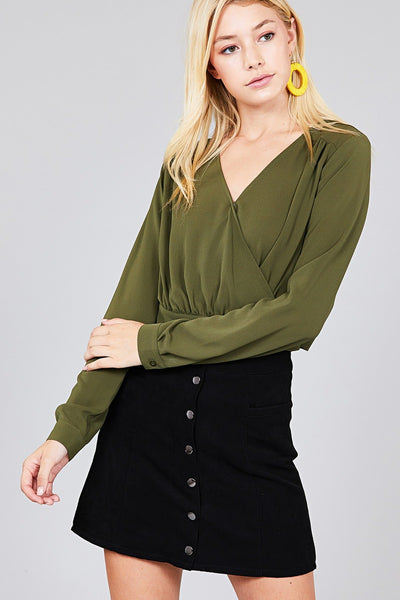 Ladies fashion long sleeve surplice wrap side bow tie closure woven top