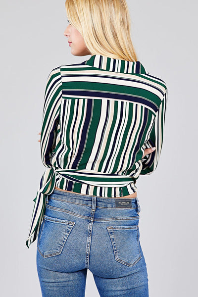 Ladies fashion 3/4 roll up sleeve surplice wrap w/side bow tie multi striped woven top