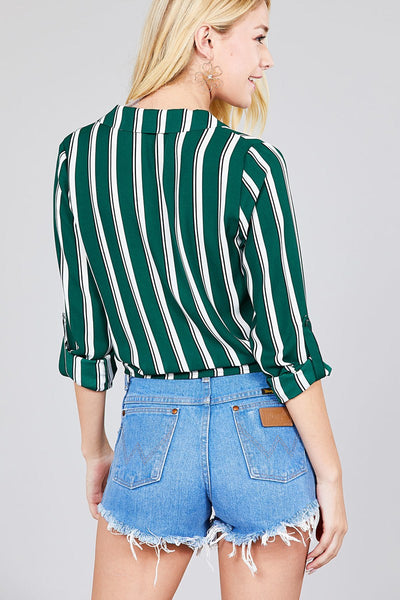 Ladies fashion 3/r roll up sleeve notched collar front tie multi striped woven top