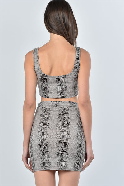 Ladies fashion taupe snake print lace up crop top and mini skirt two piece set