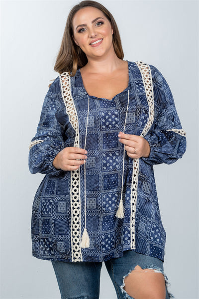 Ladies fashion plus size boho mix print tassel crochet trim top