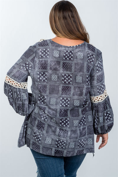 Ladies fashion plus size boho mix print tassel crochet trim top