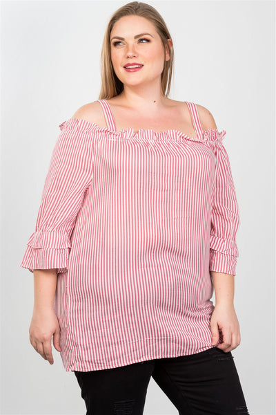 Ladies fashion plus size boho striped cold-shoulder top
