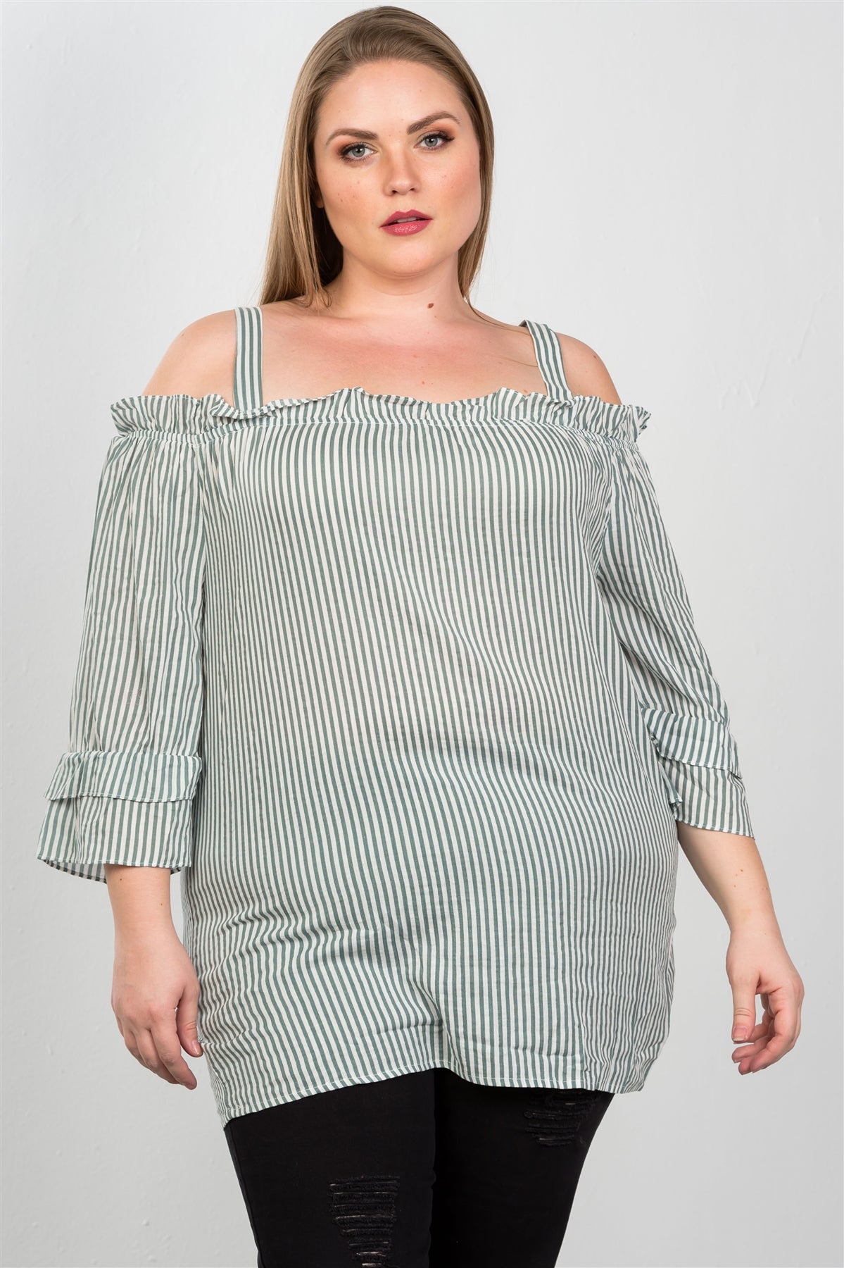 Ladies fashion plus size boho striped cold-shoulder top