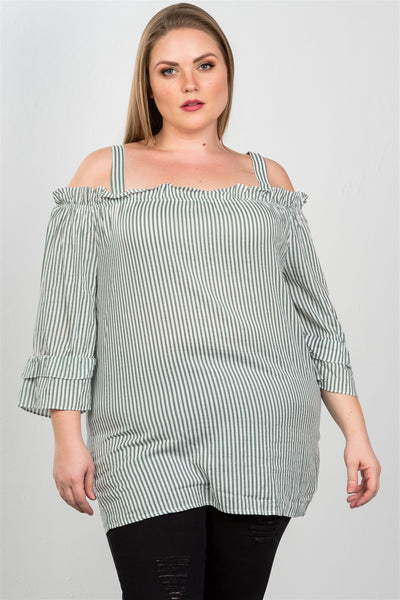 Ladies fashion plus size boho striped cold-shoulder top