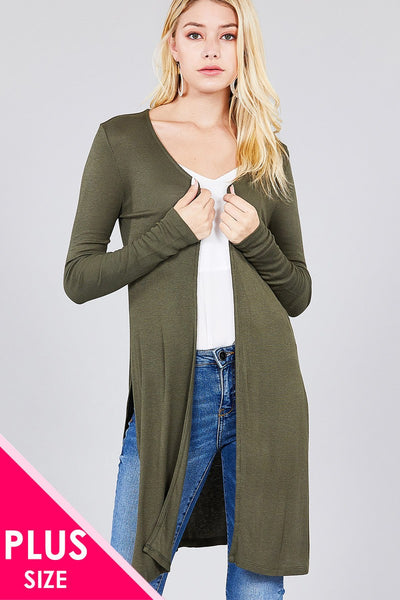 Ladies fashion plus size long sleeve open front side slit tunic length rayon spandex rib cardigan