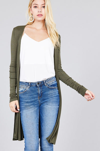 Ladies fashion plus size long sleeve open front side slit tunic length rayon spandex rib cardigan