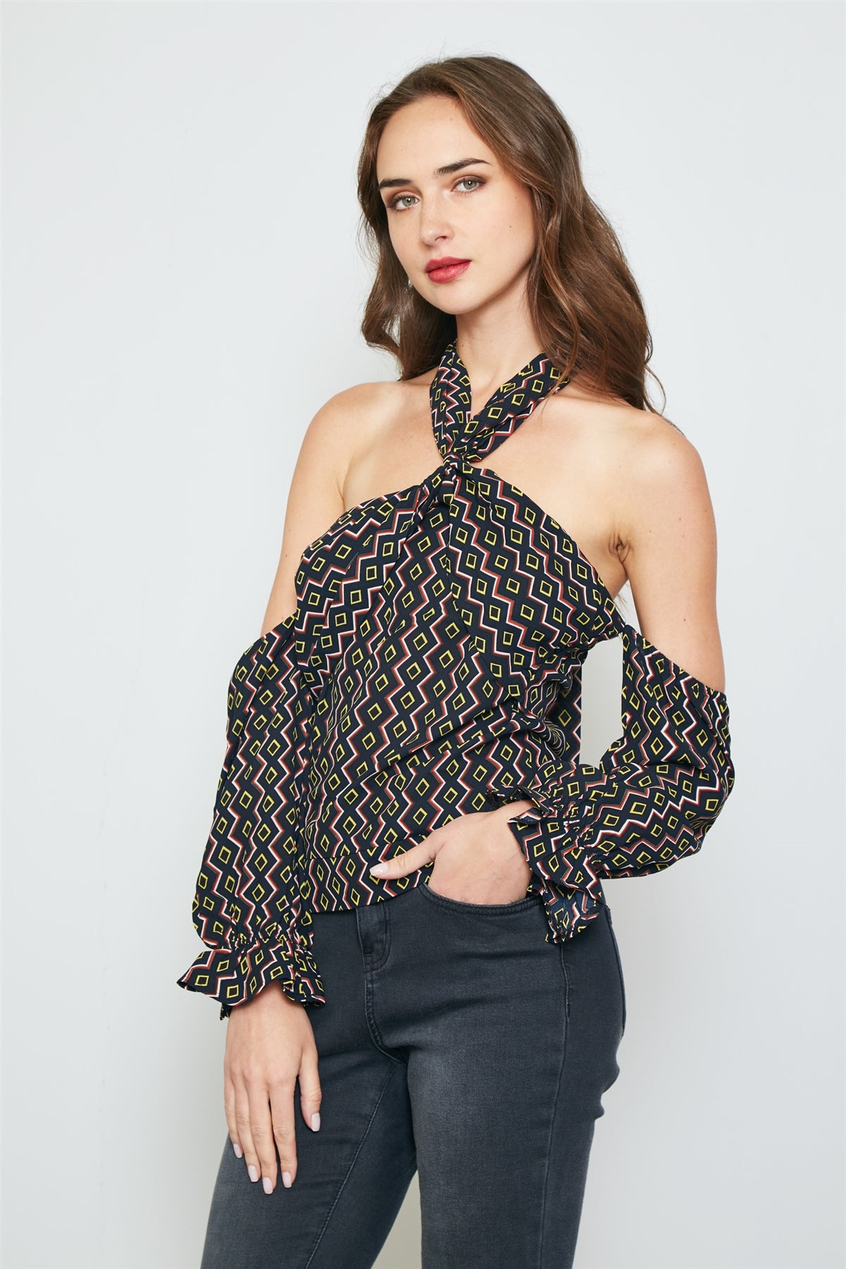 Ladies fashion geo print off the shoulder top