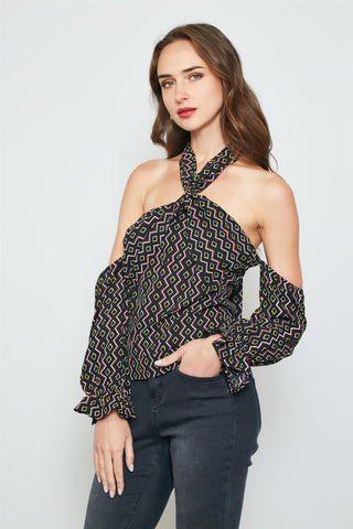 Ladies fashion geo print off the shoulder top