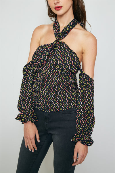 Ladies fashion geo print off the shoulder top