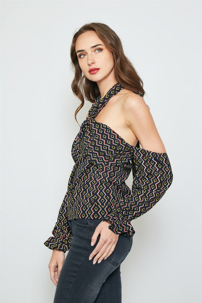 Ladies fashion geo print off the shoulder top