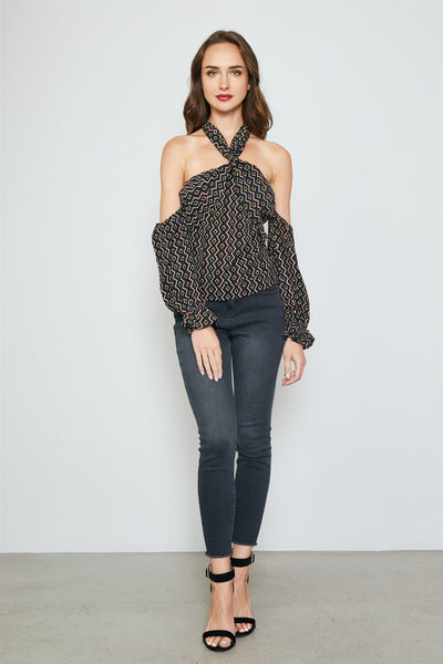 Ladies fashion geo print off the shoulder top