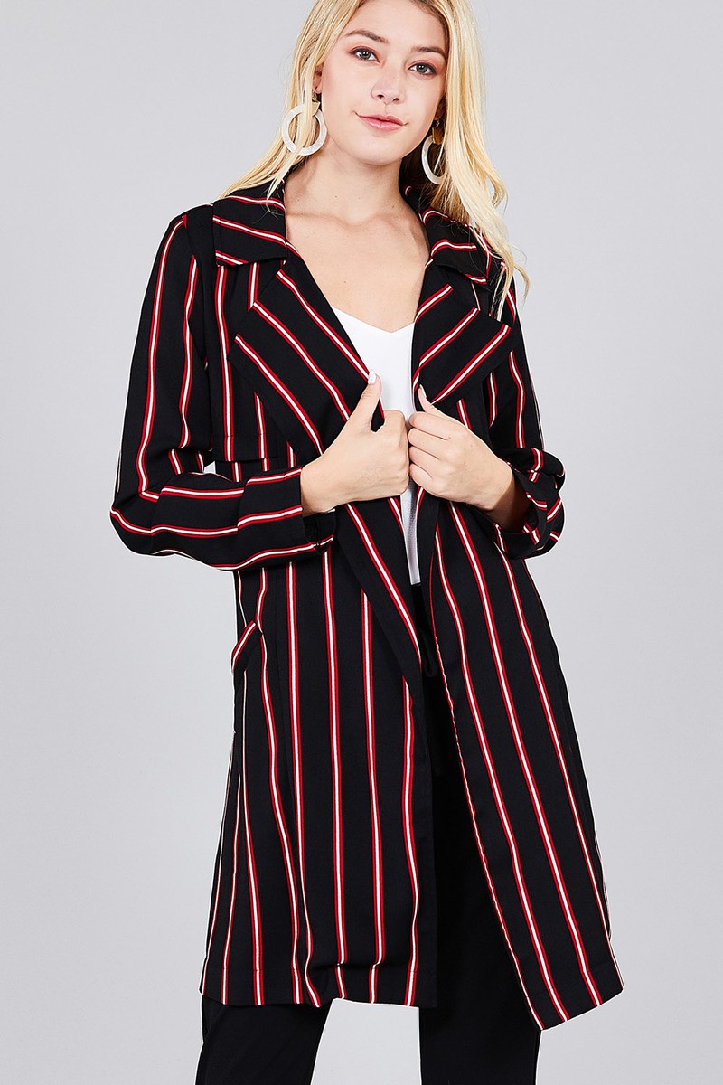 Ladies fashion long sleeve notched collar w/waist belt multi striped long woven jacket