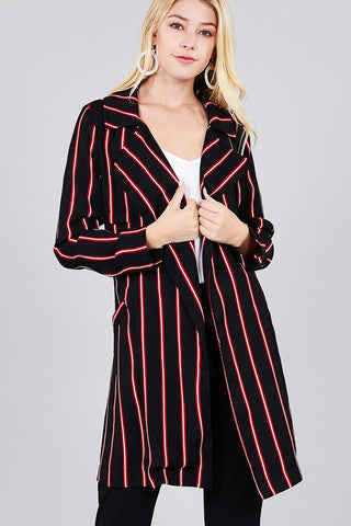 Ladies fashion long sleeve notched collar w/waist belt multi striped long woven jacket