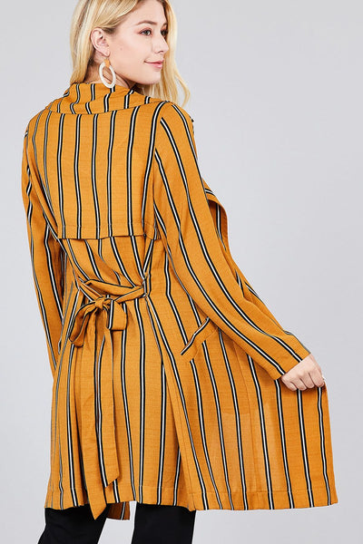 Ladies fashion long sleeve notched collar w/waist belt multi striped long woven jacket