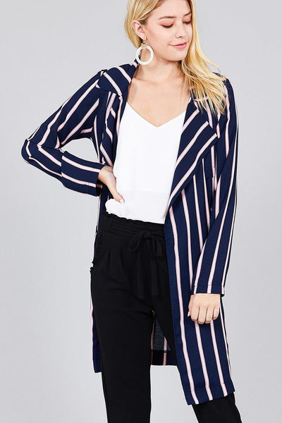 Ladies fashion long sleeve notched collar w/waist belt multi striped long woven jacket