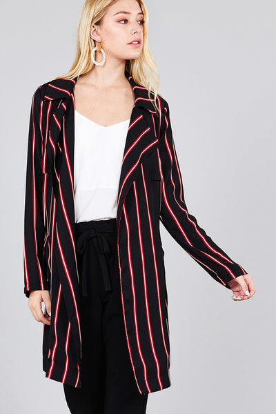 Ladies fashion long sleeve notched collar w/waist belt multi striped long woven jacket