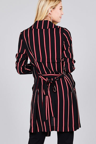 Ladies fashion long sleeve notched collar w/waist belt multi striped long woven jacket