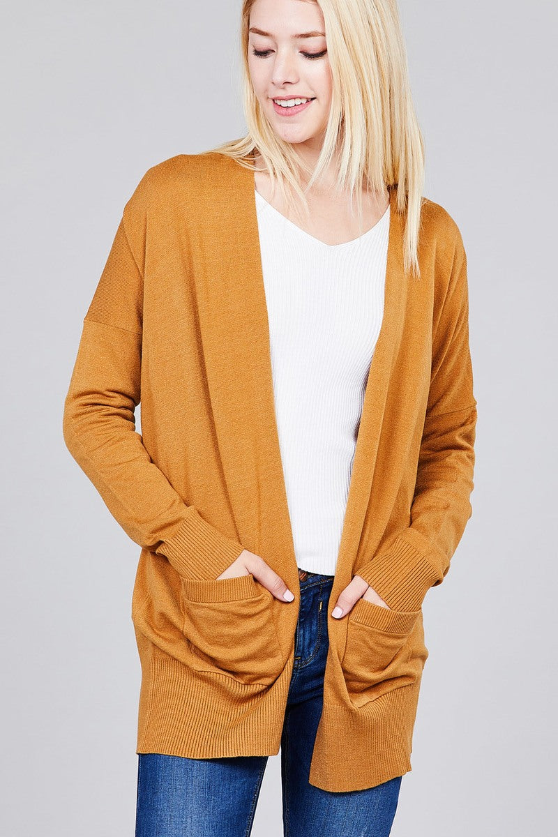 Ladies fashion long dolmen sleeve open front w/pocket sweater cardigan