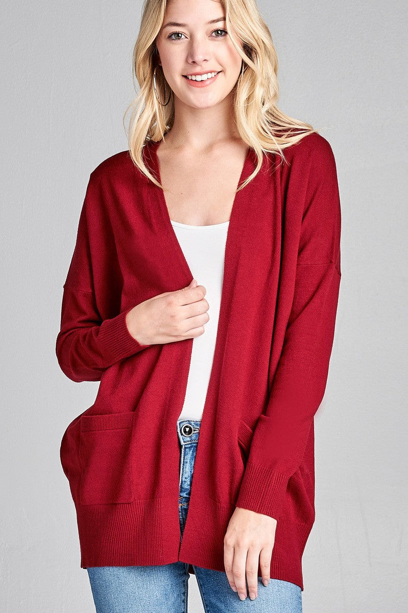 Ladies fashion long dolmen sleeve open front w/pocket sweater cardigan