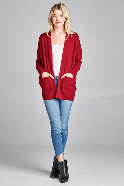 Ladies fashion long dolmen sleeve open front w/pocket sweater cardigan