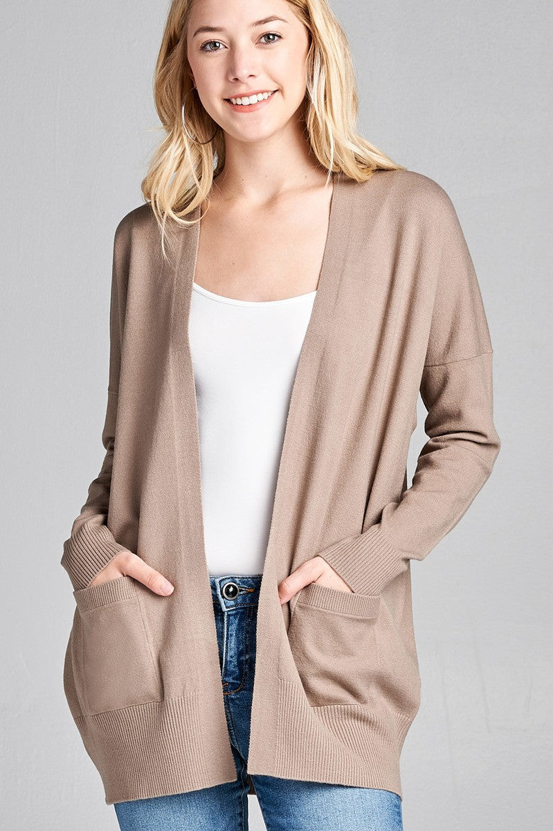 Ladies fashion long dolmen sleeve open front w/pocket sweater cardigan