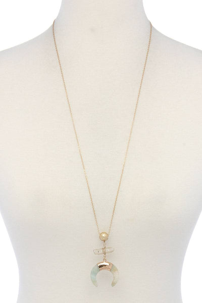 Double horn natural stone pendant necklace