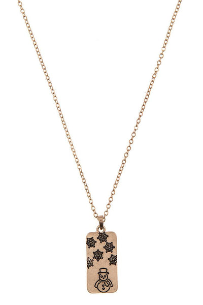 Etched snowman with snowflakes pendant necklace