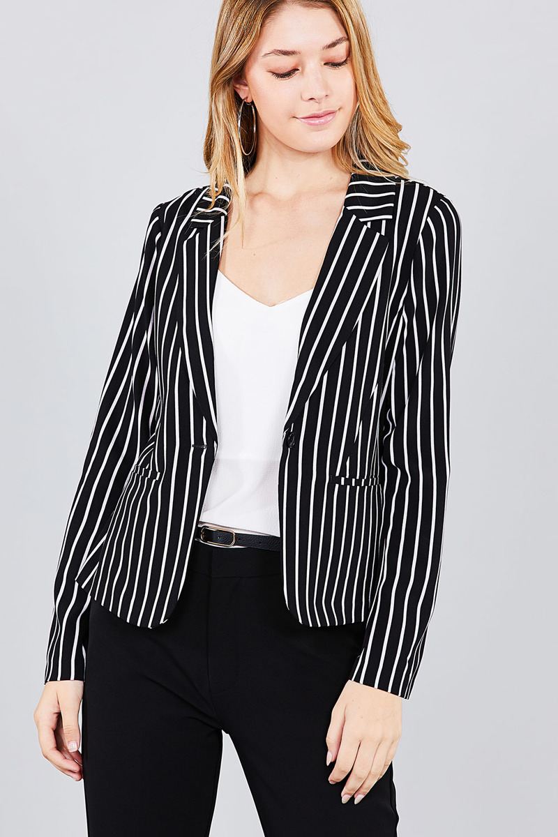 Long sleeve notched collar princess seam w/back slit striped jacket